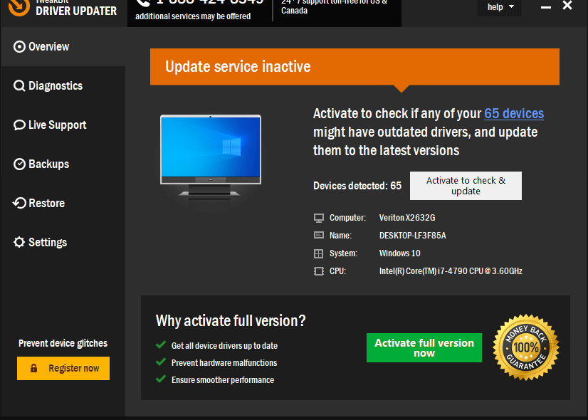 TweakBit Driver Updater main window