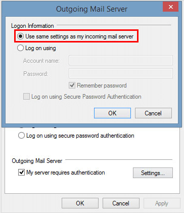 check same settings as incoming mail server option