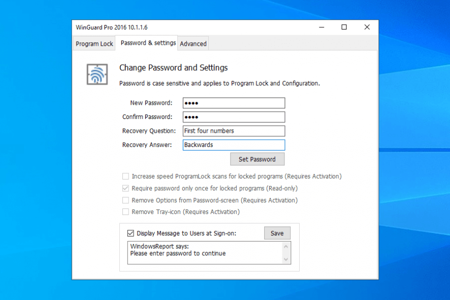 WinGuard Pro password and settings tab