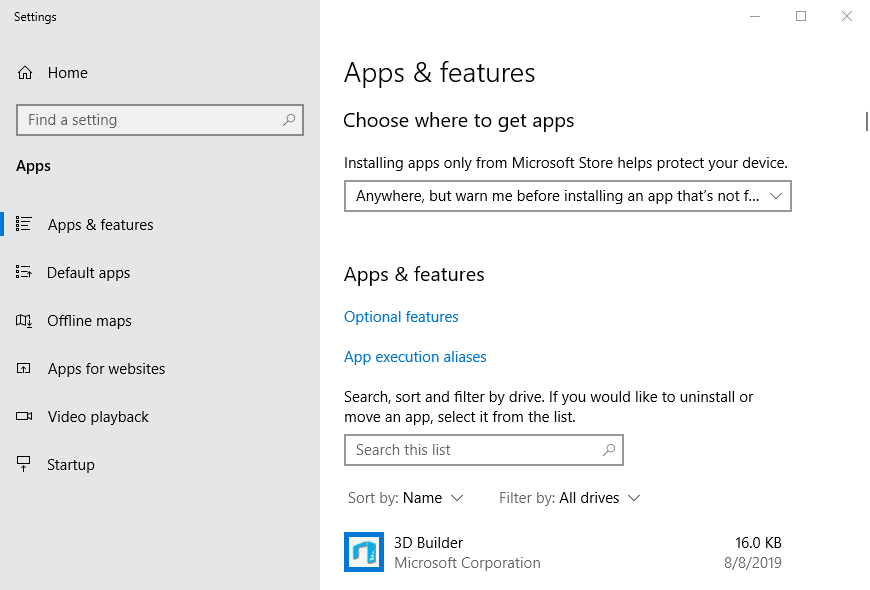 Apps & features tab windows 10 calculator missing