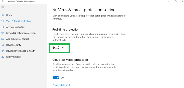 switch antivirus protection to Off 