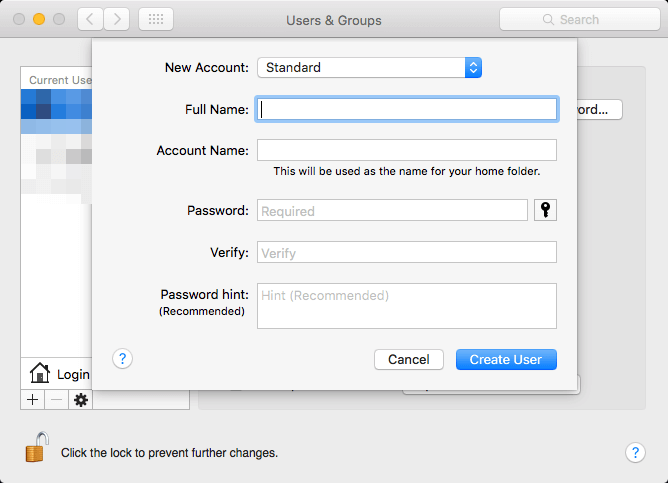 add new user can't change security settings mac