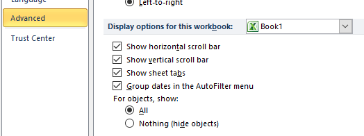 bottom scroll bar missing excel