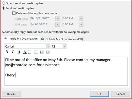 The Send automatic replies setting outlook how to leave a vacation message