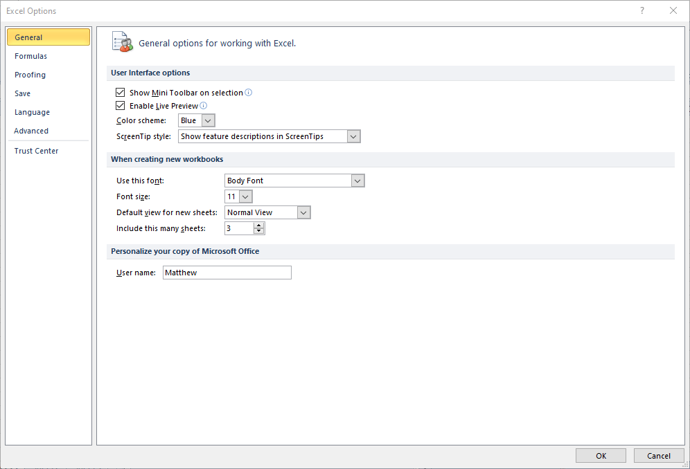 Excel Options window recover an excel file not saved