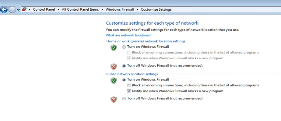 Turn on Windows Firewall settings can't share printer error 0x00006d9