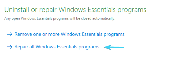 Reparar todos los programas de Windows Live