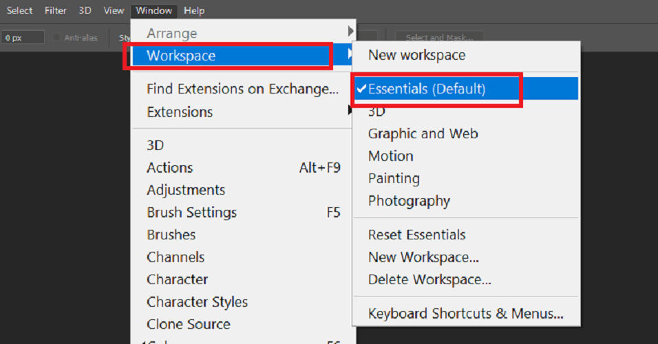 use essentials workspace to repair photoshop toolbar missing