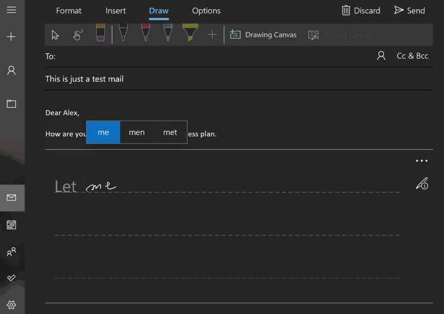 writing area feature windows 10 mail