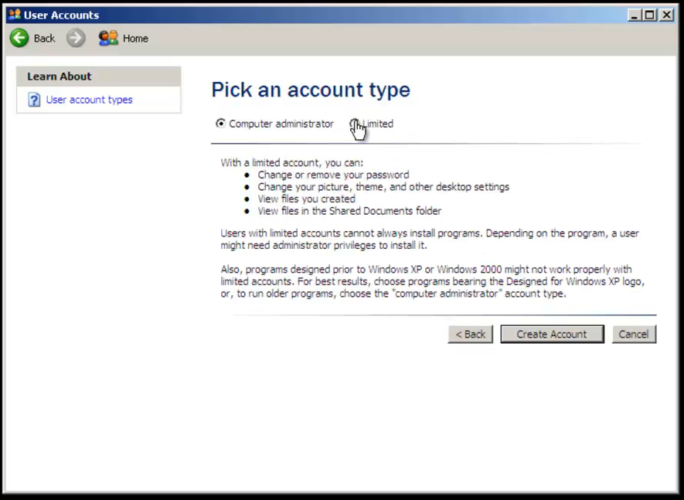 windows xp create limited account