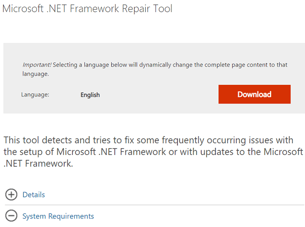 Download button for .NET Framework Repair Application Error 0xe0434352 on Windows