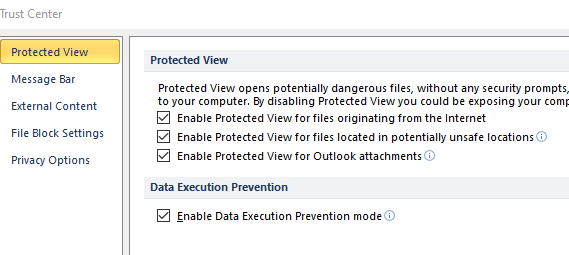 Protected View options excel file format does not match extension