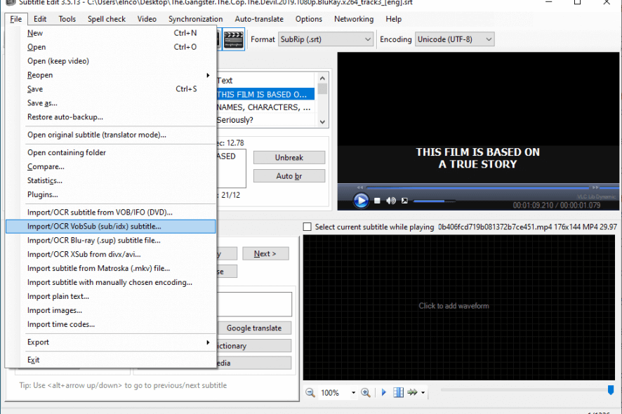 Subtitle Edit file menu