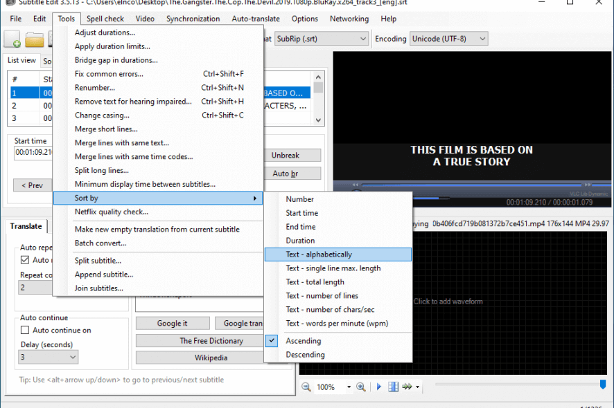 Subtitle Edit tools menu