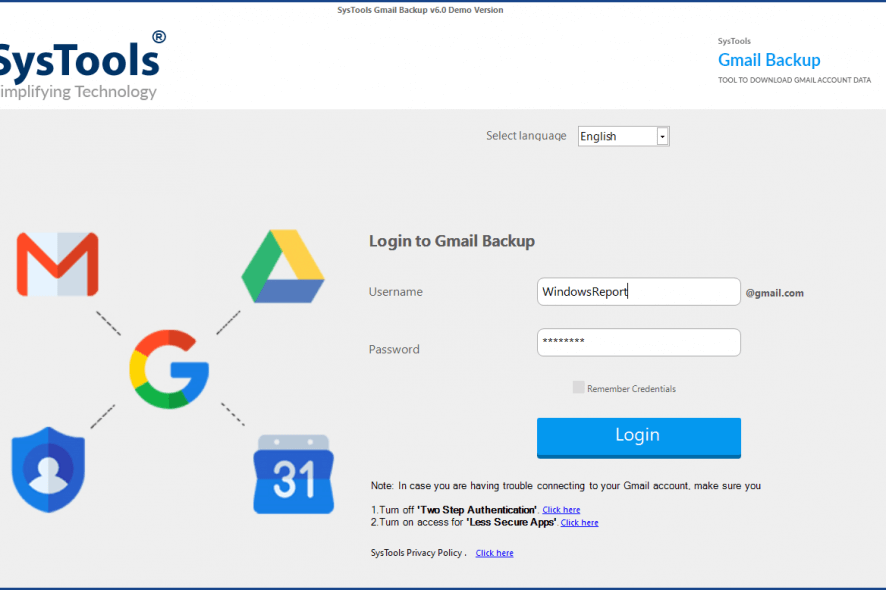 SysTools Gmail Backup login