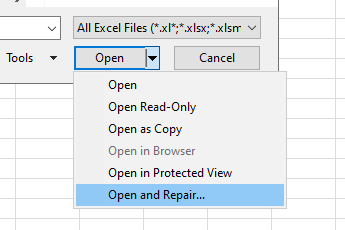 Open and Repair option excel file format does not match extension
