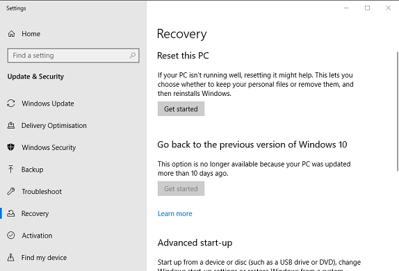 Get started button Windows Update Error Code 80244010