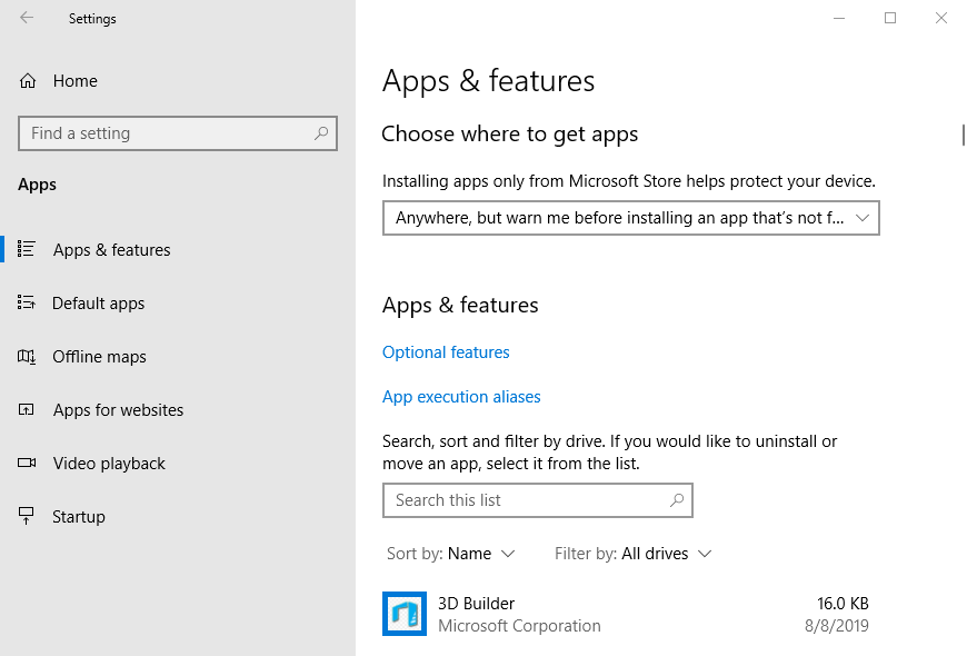 The Apps & features tab 0x803fb005 microsoft store