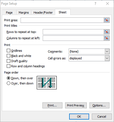Page Setup window excel spreadsheet borders and gridlines not printing
