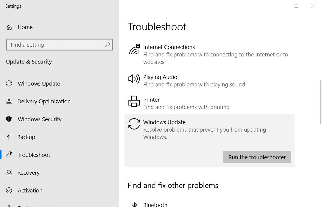 Troubleshoot tab Windows Update Error 0xc1900130