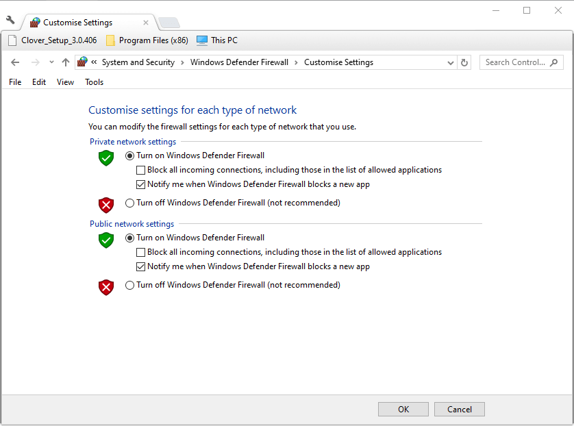 Turn off Windows Defender Firewall options Windows Update Error 8020002e
