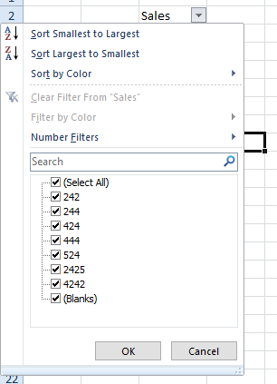 excel cell filter options