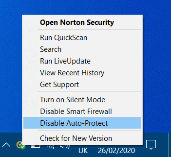 Disable Auto-Protect option Windows Update Error 8020002e