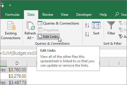 Edit Links option excel file will not break links
