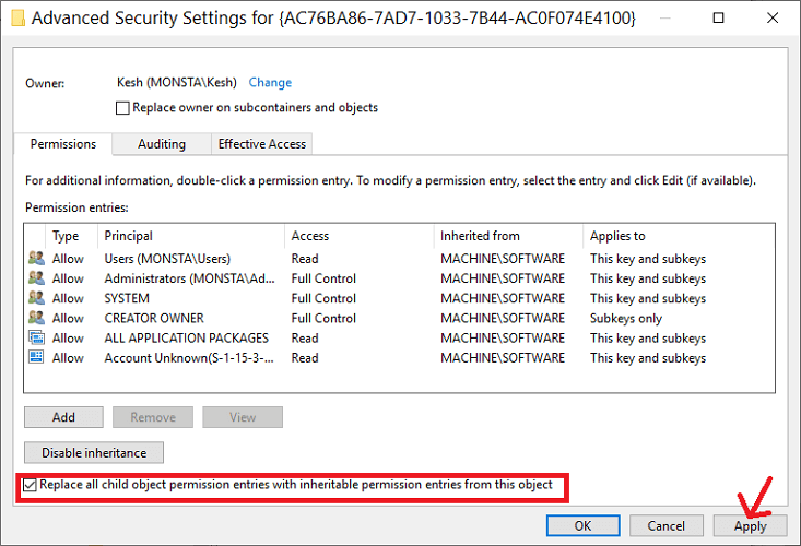 click apply to save registry owner settings Registry Editor could not set security key currently selected or some of its subkeys