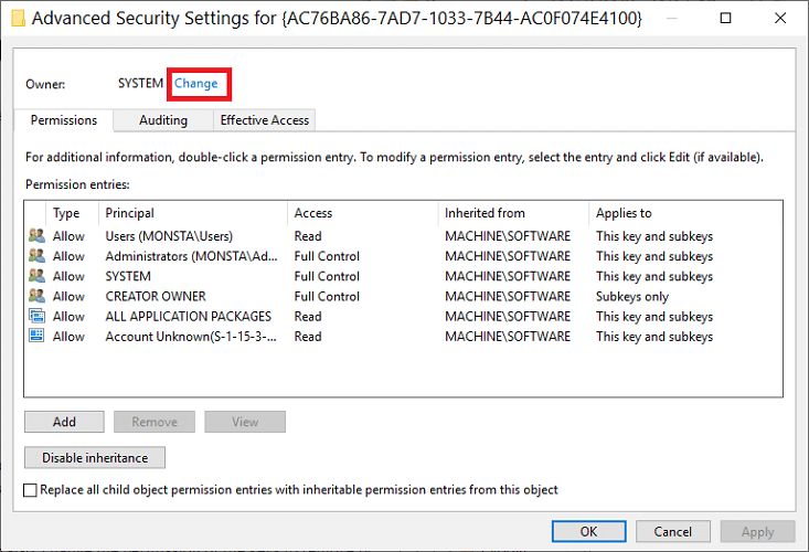 change key owner Registry Editor could not set security key currently selected or some of its subkeys