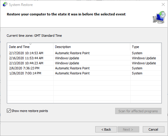 その他の復元ポイント オプションを表示する Windows Update エラー 0xc1900130