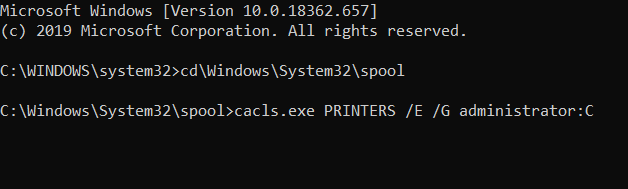 cacls.exe command error 0x00000bcb printer