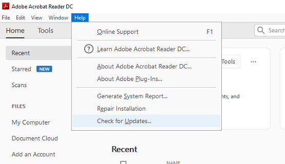 Check for Updates option Adobe Reader Error 110