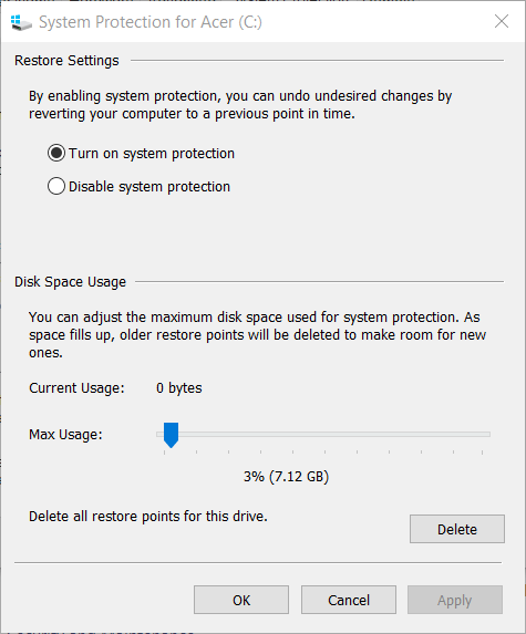 System Protection window Error Code 0x81000019 on Windows 10