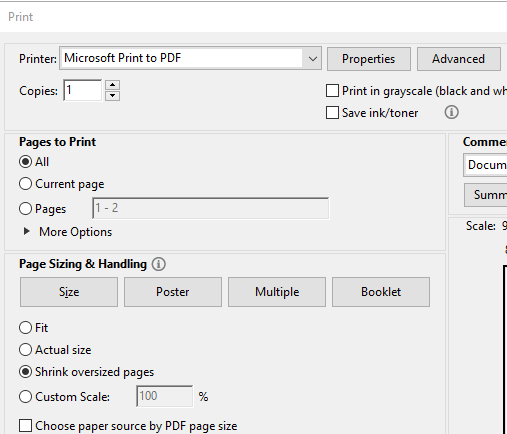 Microsoft Print to PDF option Adobe Reader Error 110