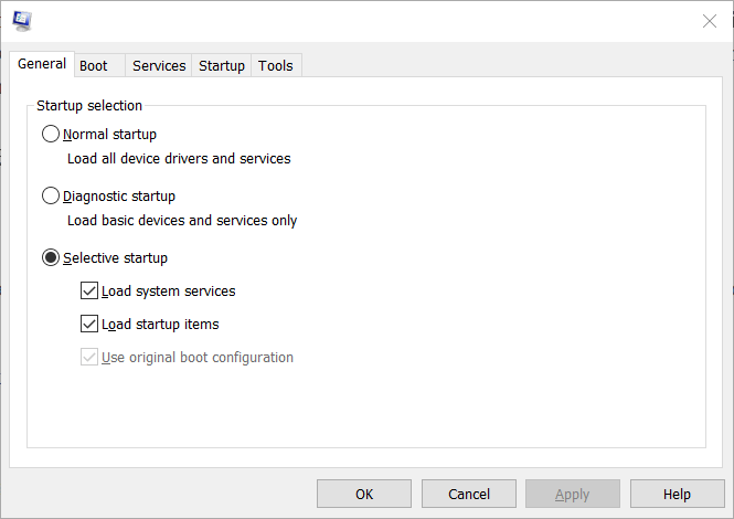 Selective startup radio button Application Error 0xe0434352 on Windows