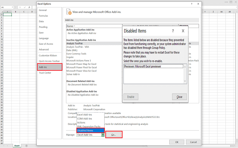 excel toolbar missing from disabled add ins