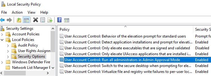 User Account Control: Run all administrators in Admin approval