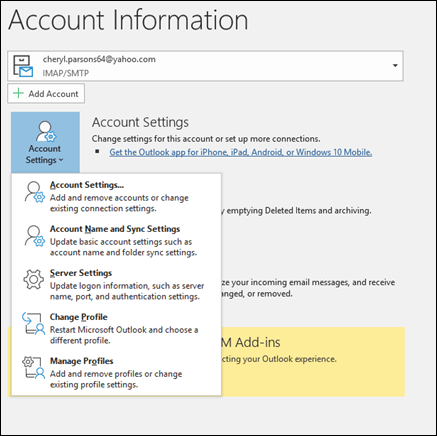 Account Settings button Outlook Error 0x8004210A on Windows