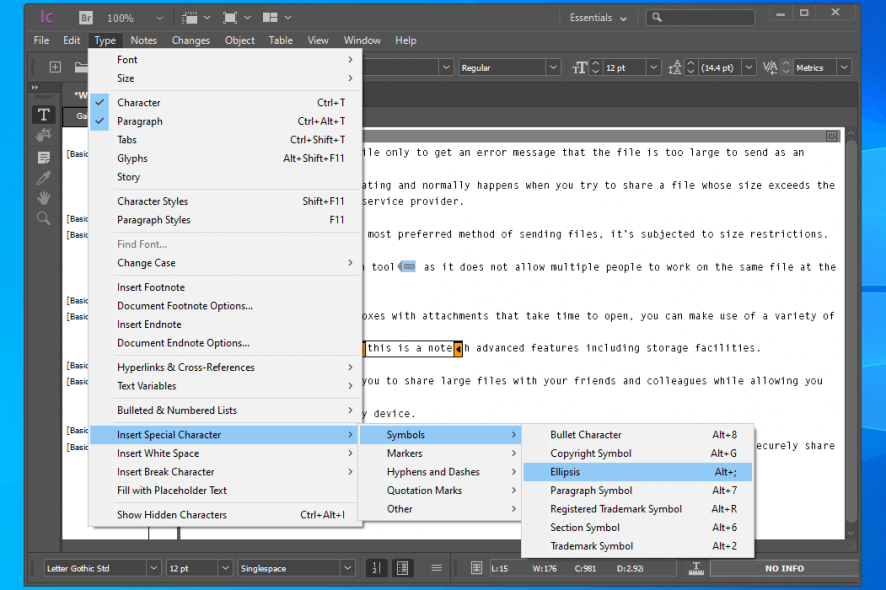 Adobe InCopy type menu