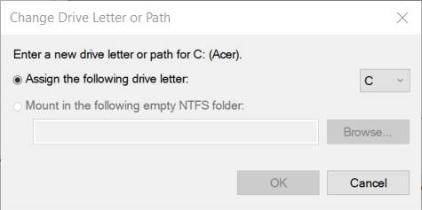 Change Drive Letter window the local device name is already in use windows 10