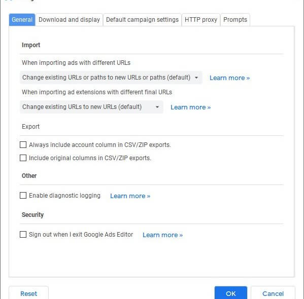 The configuration section of Google Ads Editor