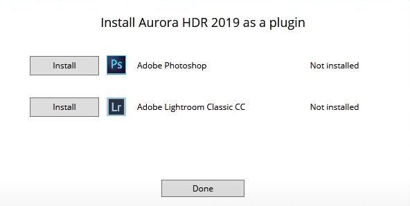 install aurora hdr 2019 as plugin window