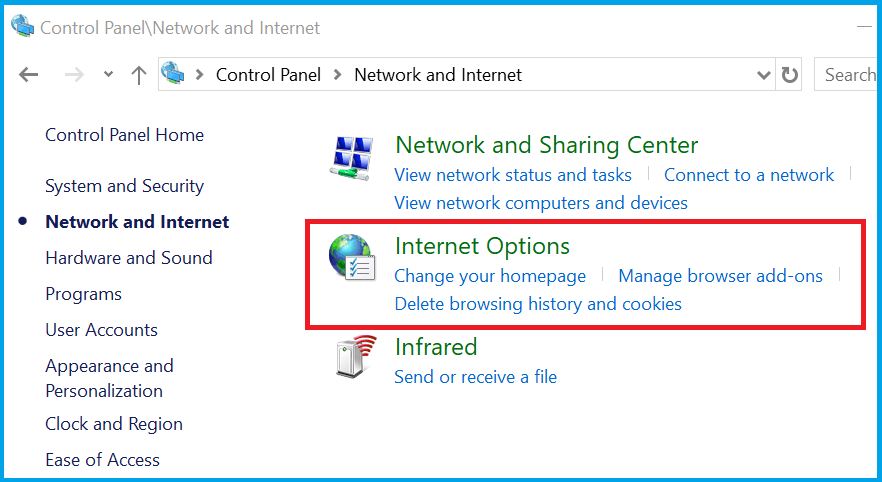 Internet Options in Control panel