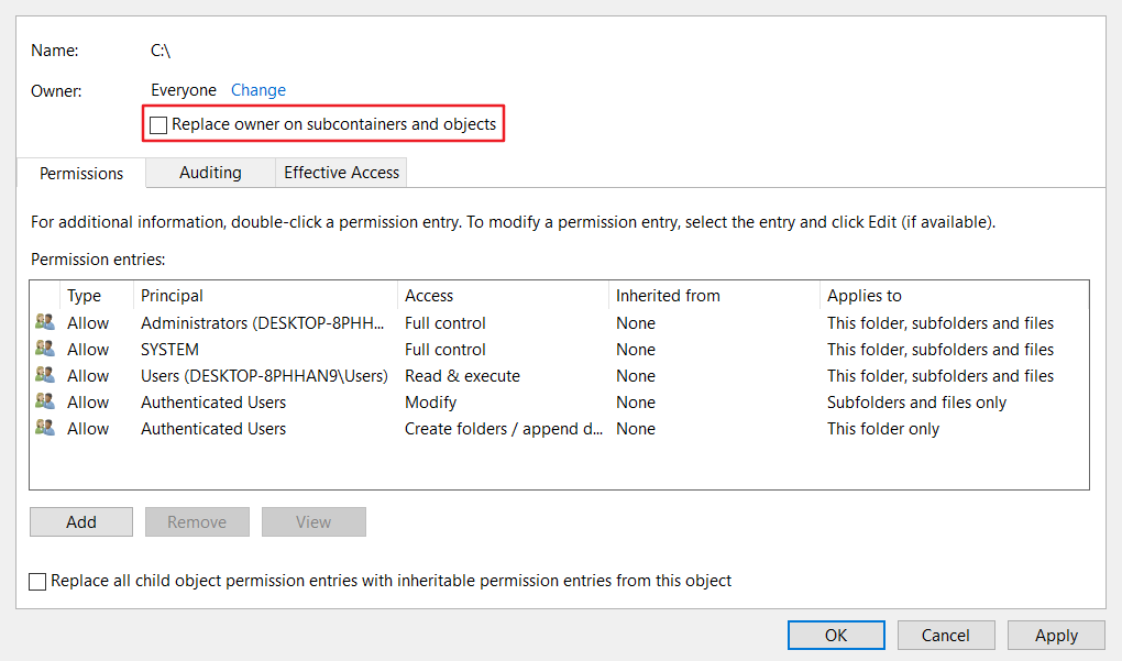 The Replace owner on subcontainers option Error 0x80071771 on Windows 10