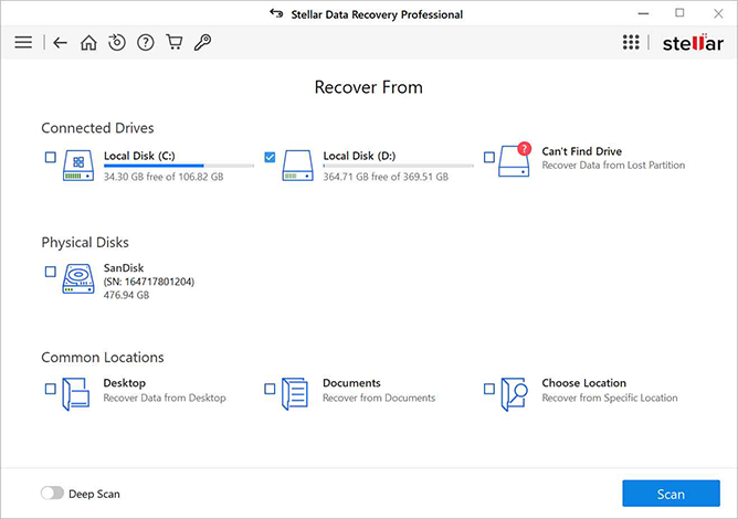 The scan results of Stellar Data Recovery