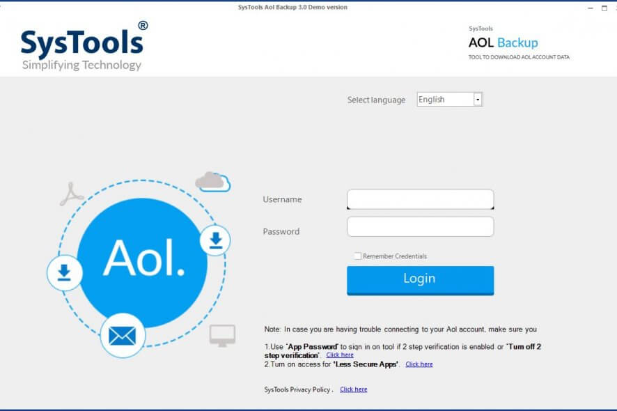 Interface of SysTools Aol Backup