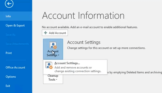 Account Settings button Outlook Error 0x8004210B on Windows