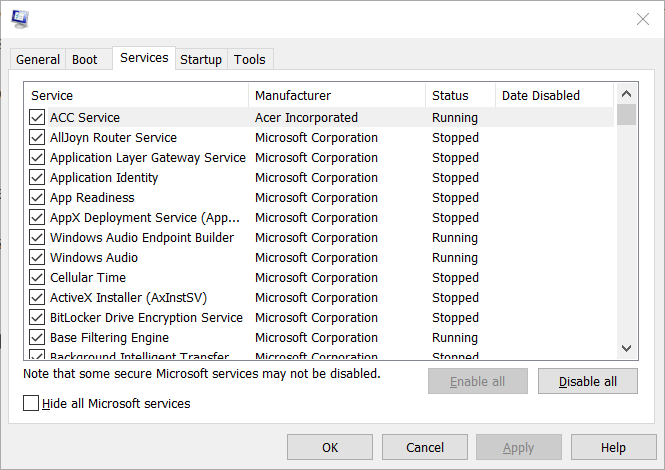 The Services tab windows has recovered from an unexpected shutdown error