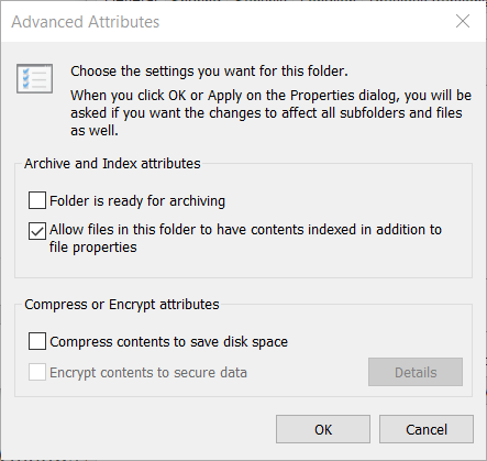 Advanced Attributes window Error 0x80071771 on Windows 10